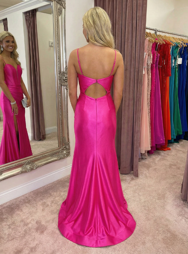 Spaghetti Straps Satin V Neck Mermaid Ruched Prom Dresses with Slit