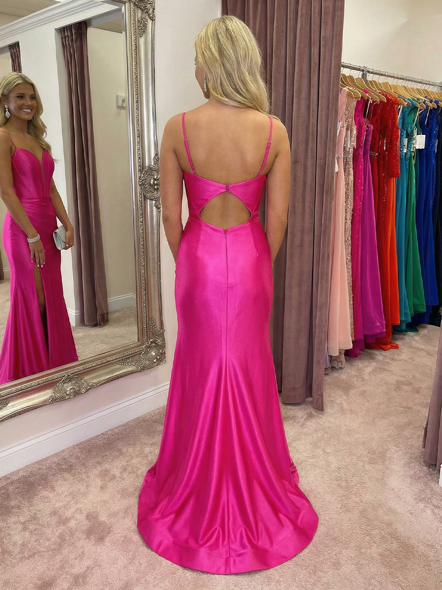 Spaghetti Straps Satin V Neck Mermaid Ruched Prom Dresses with Slit