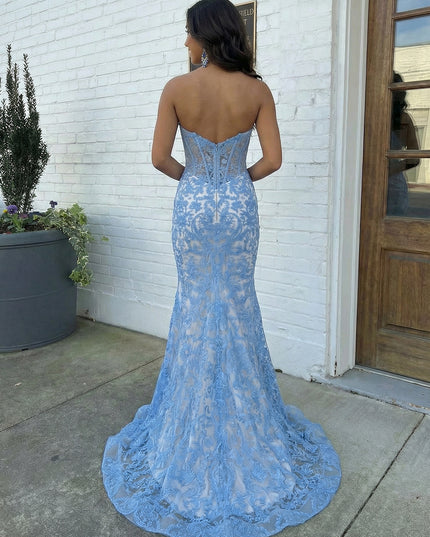 Strapless Lace Appliques Mermaid Backless Prom Dresses Evening Gowns