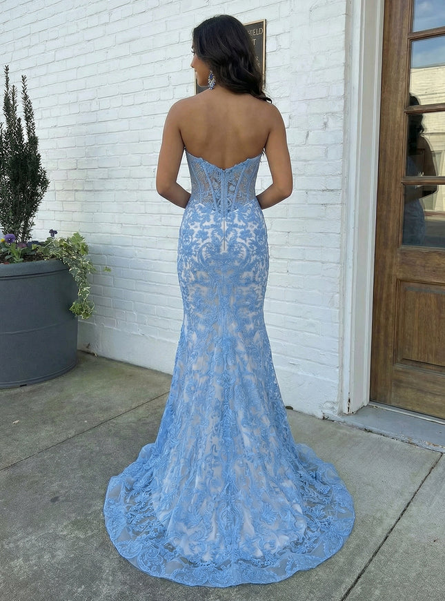 Strapless Lace Appliques Mermaid Backless Prom Dresses Evening Gowns