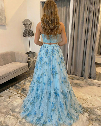Floral Spaghetti Straps Lace A Line Two Piece Prom Dresses