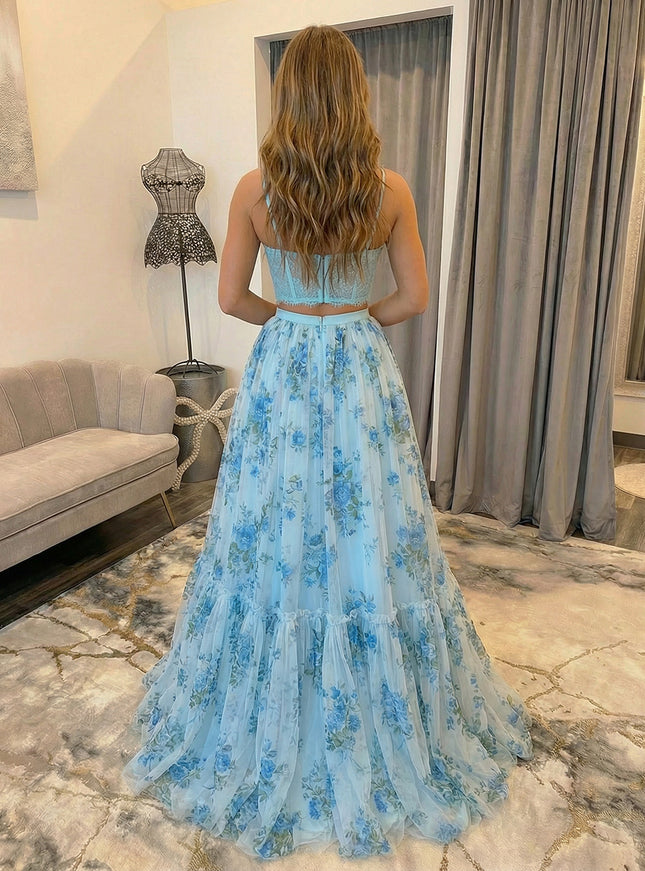 Floral Spaghetti Straps Lace A Line Two Piece Prom Dresses