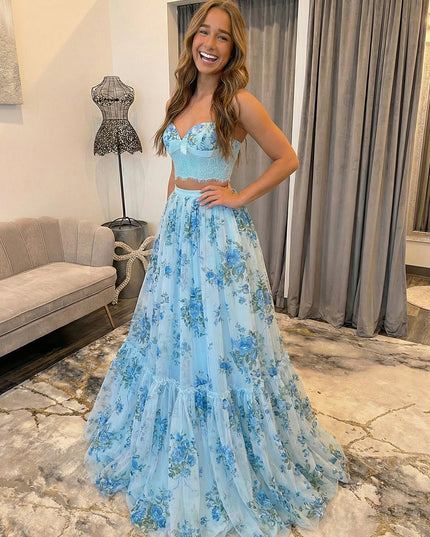 Floral Spaghetti Straps Lace A Line Two Piece Prom Dresses