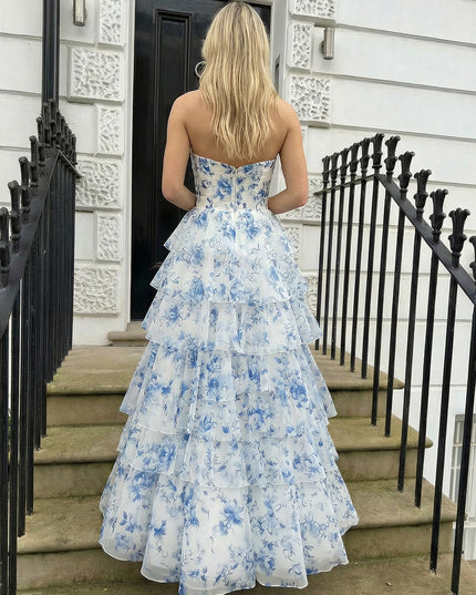 Floral Strapless Sweetheart Layered A Line Prom Dresses