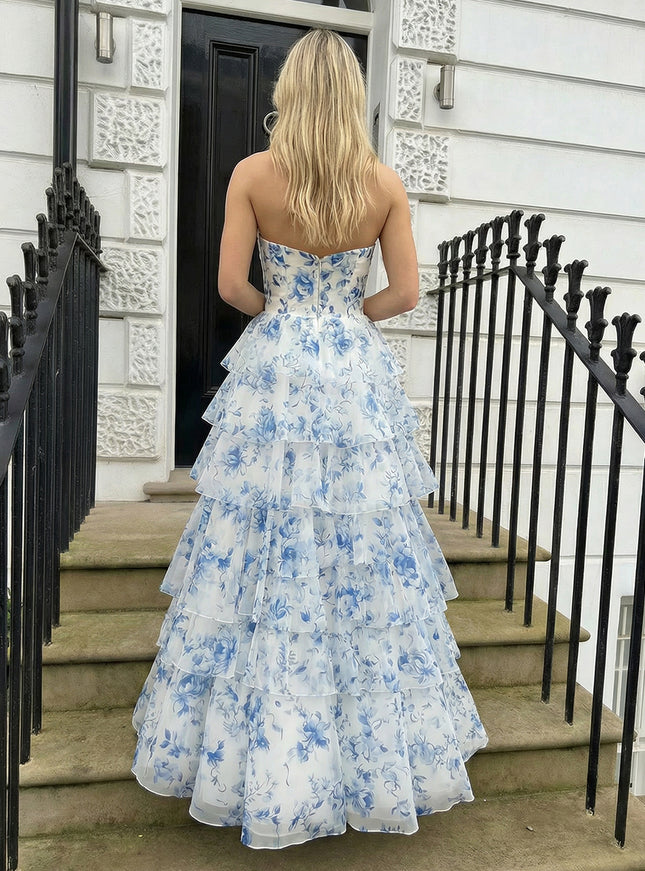 Floral Strapless Sweetheart Layered A Line Prom Dresses