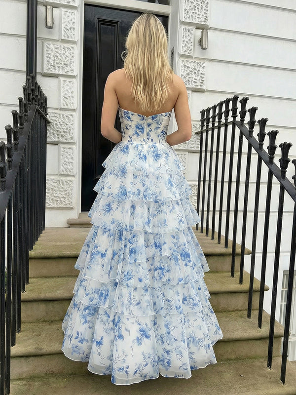 Floral Strapless Sweetheart Layered A Line Prom Dresses