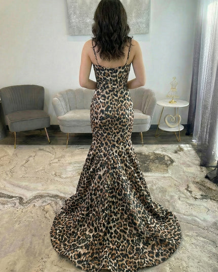 Leopard Spaghetti Straps V Neck Mermaid Prom Dresses with Bow
