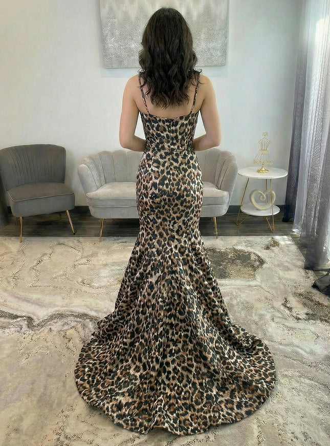 Leopard Spaghetti Straps V Neck Mermaid Prom Dresses with Bow
