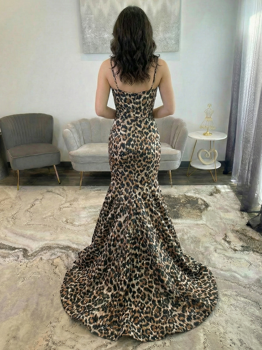 Leopard Spaghetti Straps V Neck Mermaid Prom Dresses with Bow
