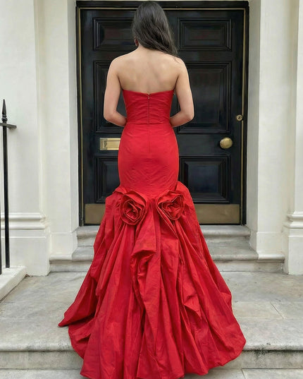 Satin Strapless A Line 3D Flower Ruched Prom Dresses