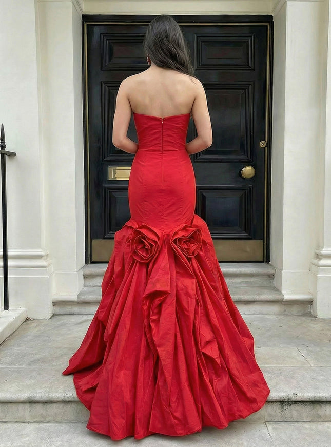 Satin Strapless A Line 3D Flower Ruched Prom Dresses