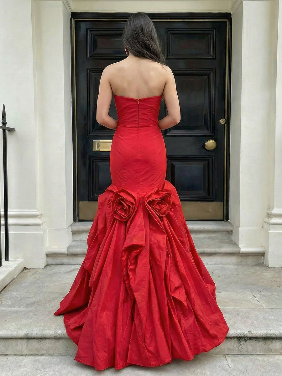 Satin Strapless A Line 3D Flower Ruched Prom Dresses