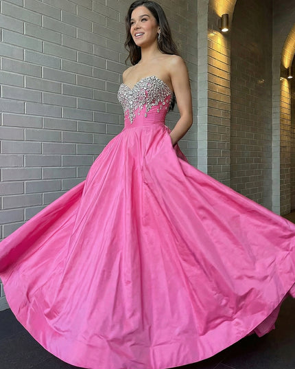 Satin Strapless Sweetheart A Line Sparkly Beaded Prom Dresses