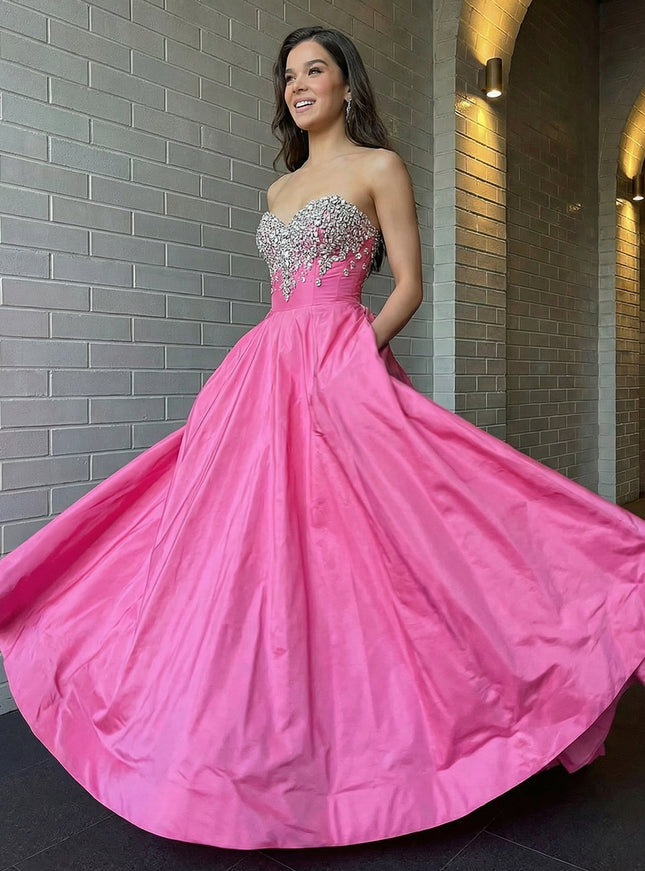 Satin Strapless Sweetheart A Line Sparkly Beaded Prom Dresses