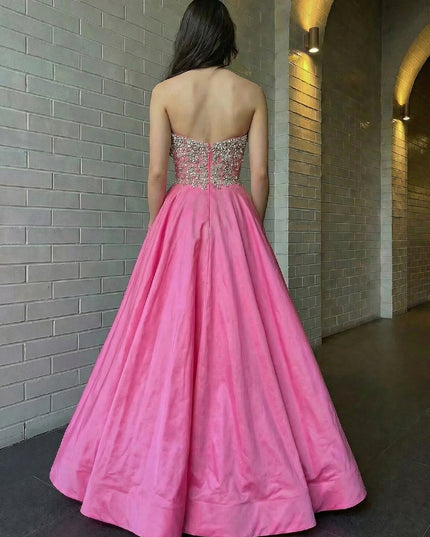Satin Strapless Sweetheart A Line Sparkly Beaded Prom Dresses