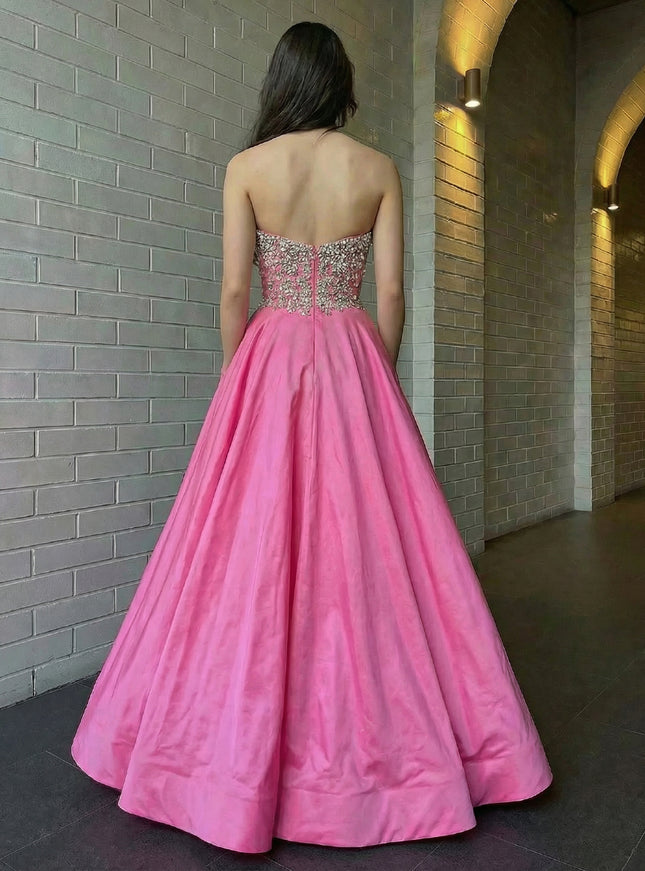 Satin Strapless Sweetheart A Line Sparkly Beaded Prom Dresses