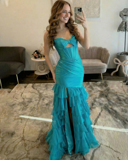 Satin Strapless Sweetheart Mermaid Lace Layered Prom Dresses with Cut Out