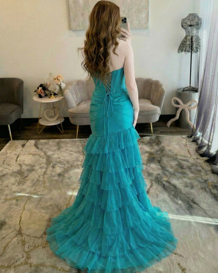 Satin Strapless Sweetheart Mermaid Lace Layered Prom Dresses with Cut Out