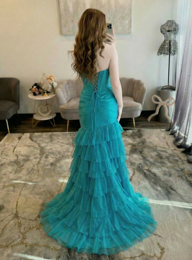 Satin Strapless Sweetheart Mermaid Lace Layered Prom Dresses with Cut Out