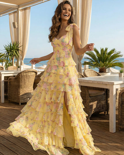 Floral Bow Spaghetti Straps Sweetheart A Line Layered Prom Dresses with Slit