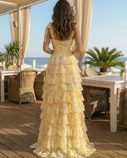 Floral Bow Spaghetti Straps Sweetheart A Line Layered Prom Dresses with Slit