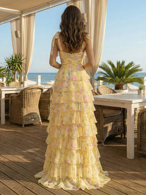 Floral Bow Spaghetti Straps Sweetheart A Line Layered Prom Dresses with Slit