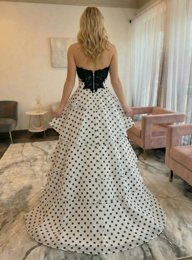 Strapless Sweetheart Spotted Satin A Line Layered Prom Dresses with Appliques