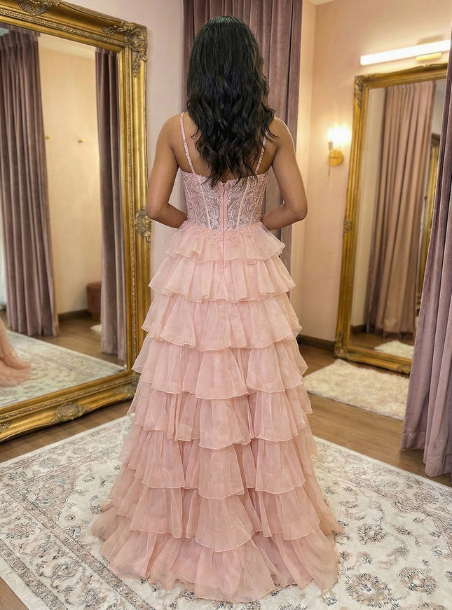 Spaghetti Straps Tiered Cut Out Lace Appliques A Line Prom Dresses with Slit