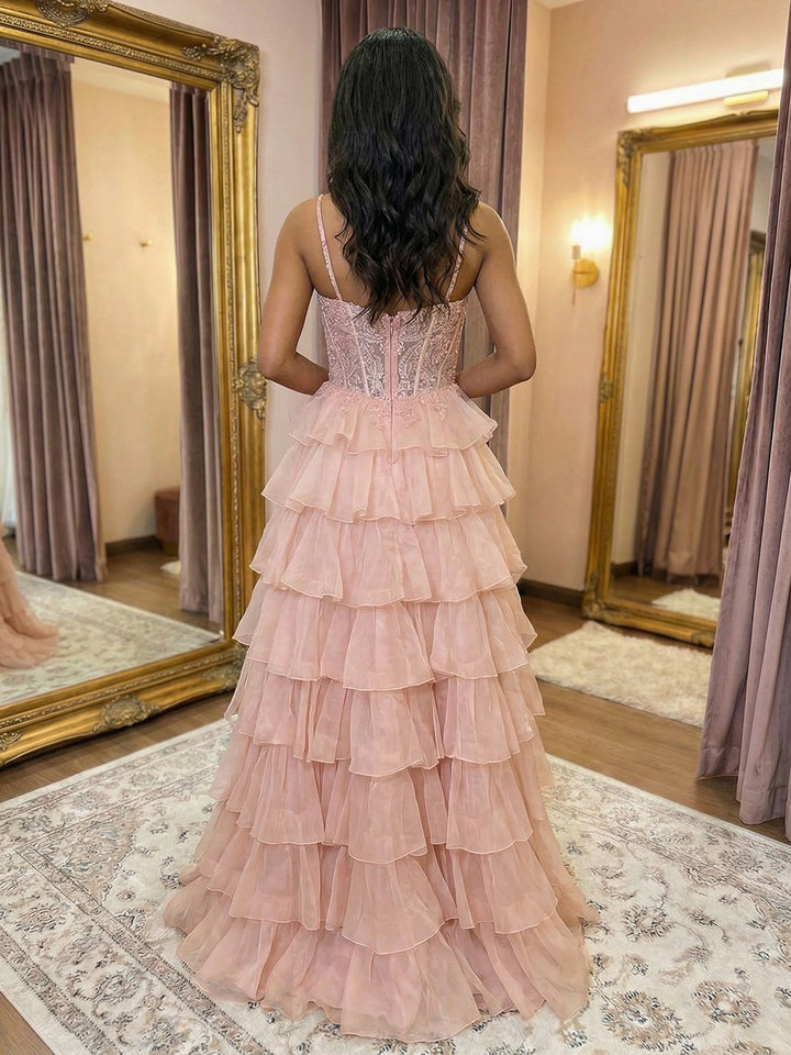 Spaghetti Straps Tiered Cut Out Lace Appliques A Line Prom Dresses with Slit