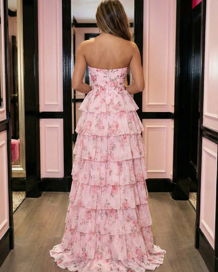 Tulle Tiered Floral Print Cut Out A Line Prom Dresses