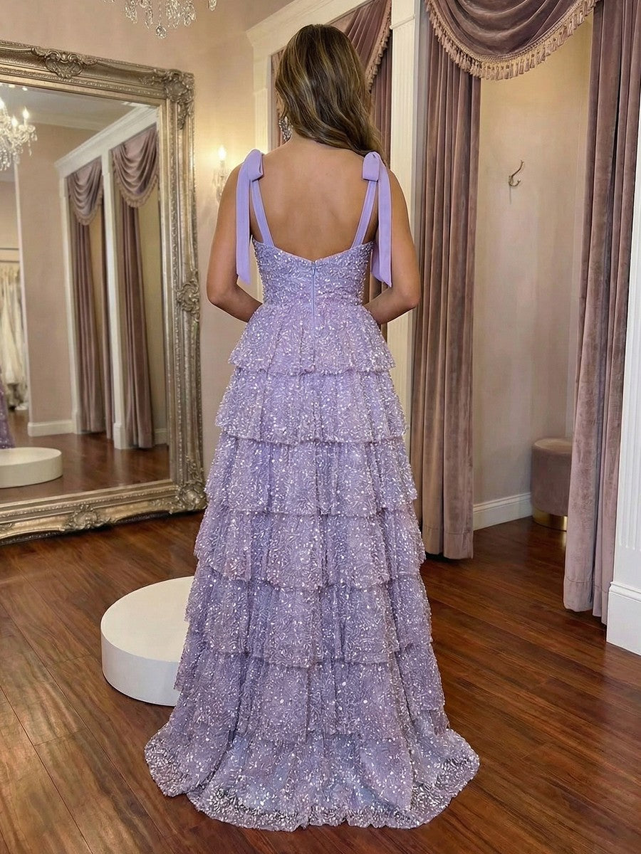 Spaghetti Straps Tiered Floral Print Cut Out A Line Prom Dresses