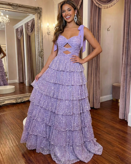 Spaghetti Straps Tiered Floral Print Cut Out A Line Prom Dresses