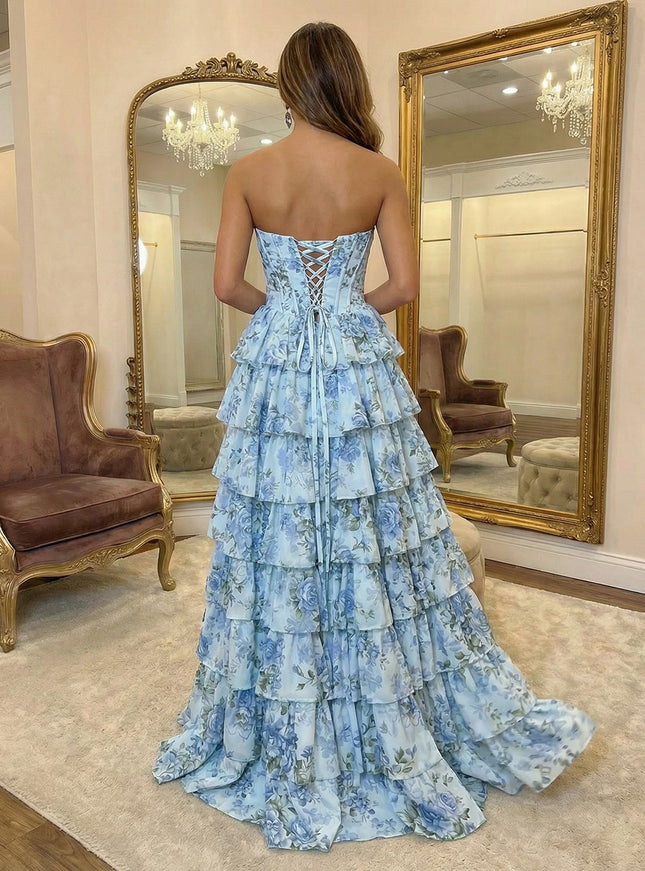 Cowl Neck Tulle Tiered Floral Print A Line Prom Dresses with Slit