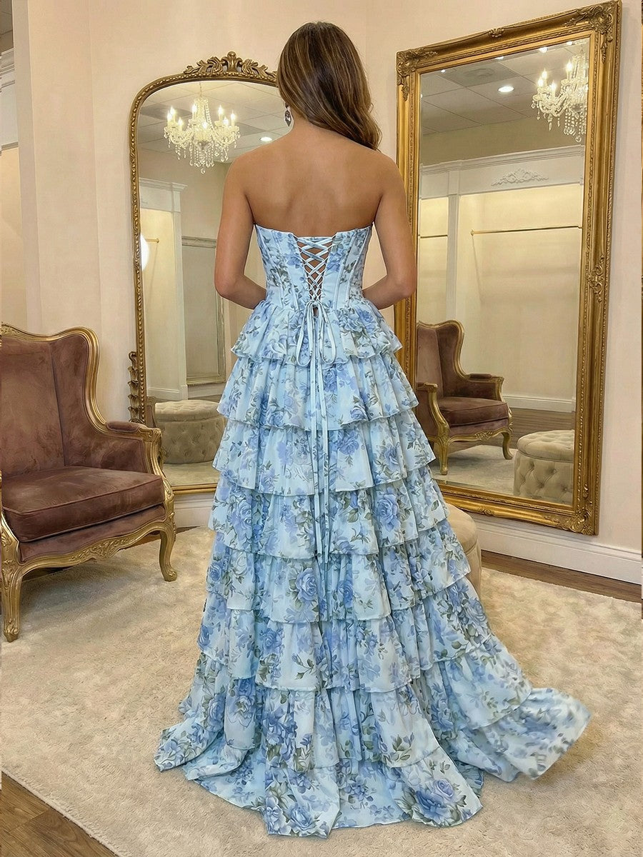 Cowl Neck Tulle Tiered Floral Print A Line Prom Dresses with Slit