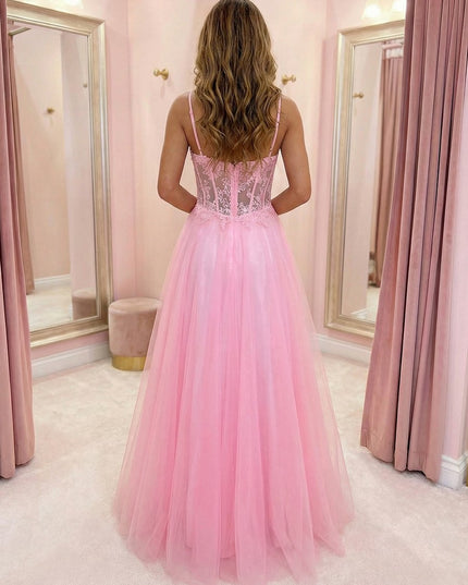 Spaghetti Straps V Neck Lace Appliques A Line Prom Dresses