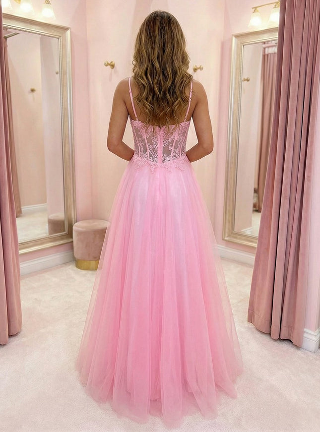 Spaghetti Straps V Neck Lace Appliques A Line Prom Dresses