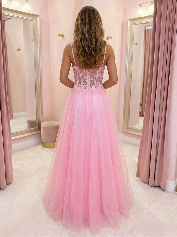 Spaghetti Straps V Neck Lace Appliques A Line Prom Dresses