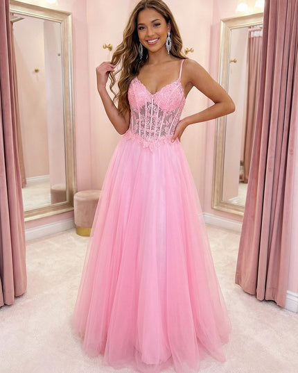 Spaghetti Straps V Neck Lace Appliques A Line Prom Dresses