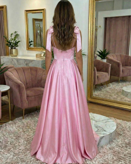 Spaghetti Straps Round Neck A Line Satin Sparkly Bow Prom Dresses