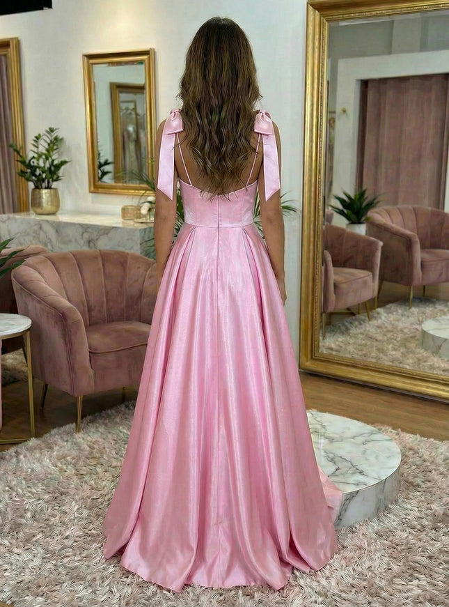 Spaghetti Straps Round Neck A Line Satin Sparkly Bow Prom Dresses