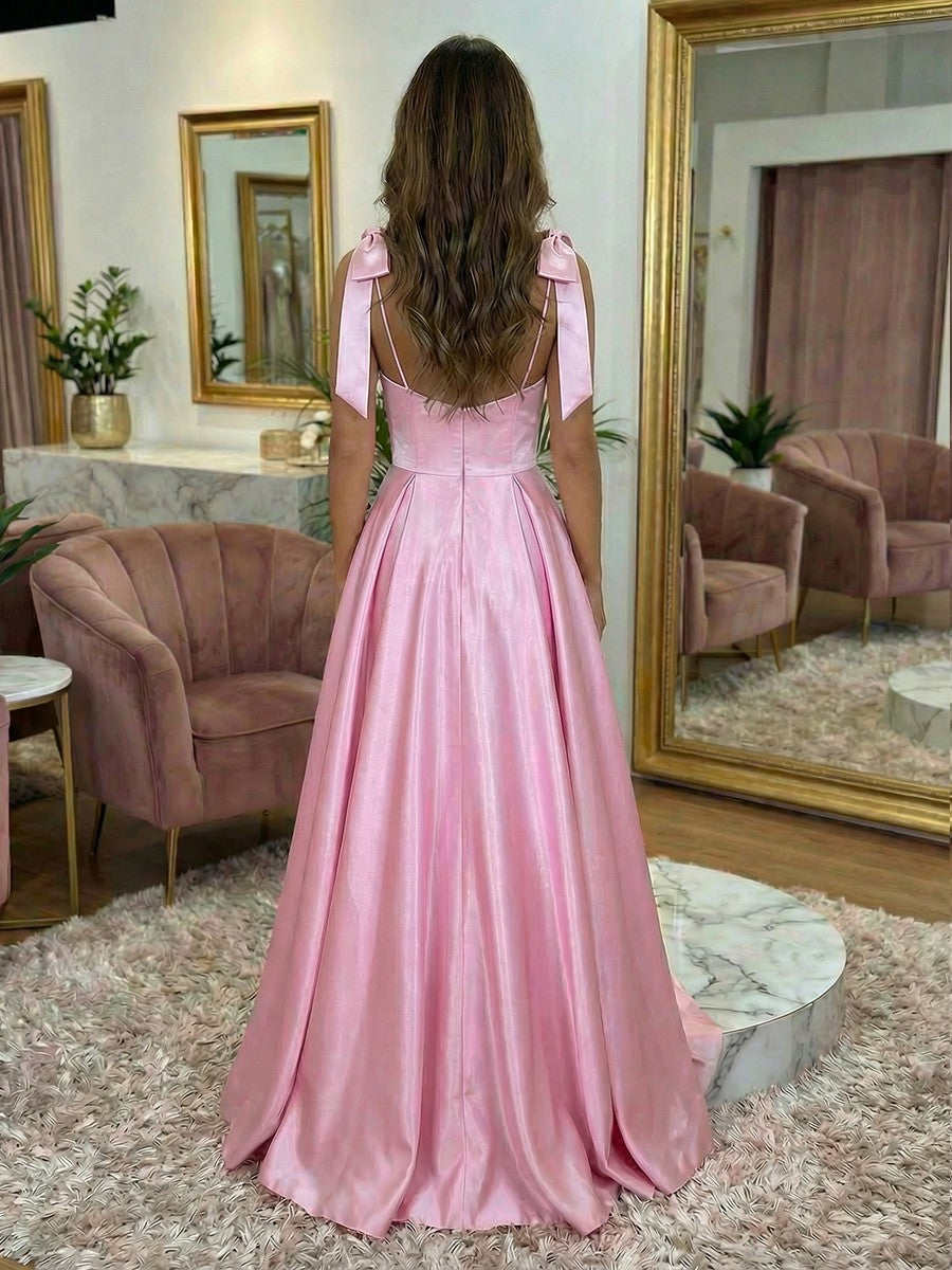 Spaghetti Straps Round Neck A Line Satin Sparkly Bow Prom Dresses