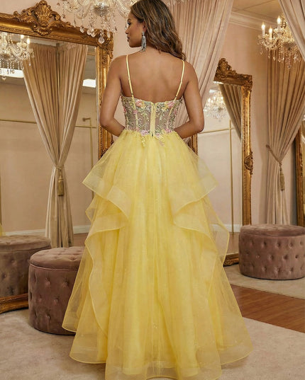 Spaghetti Straps V Neck Lace Appliques Tiered A Line Prom Dresses