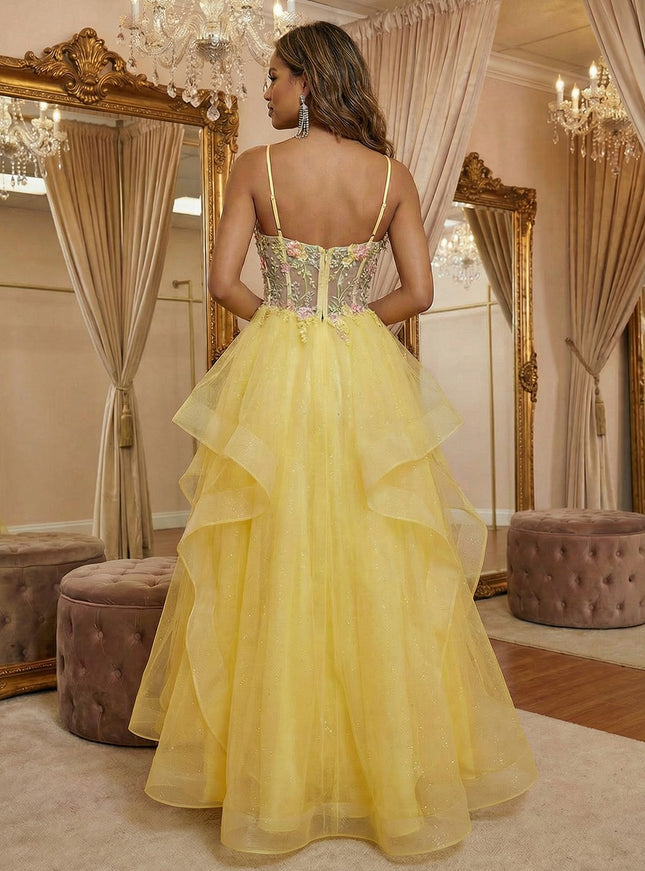 Spaghetti Straps V Neck Lace Appliques Tiered A Line Prom Dresses