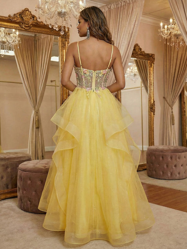 Spaghetti Straps V Neck Lace Appliques Tiered A Line Prom Dresses