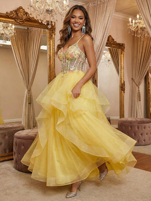 Spaghetti Straps V Neck Lace Appliques Tiered A Line Prom Dresses