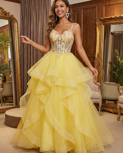 Spaghetti Straps V Neck Lace Appliques Tiered A Line Prom Dresses