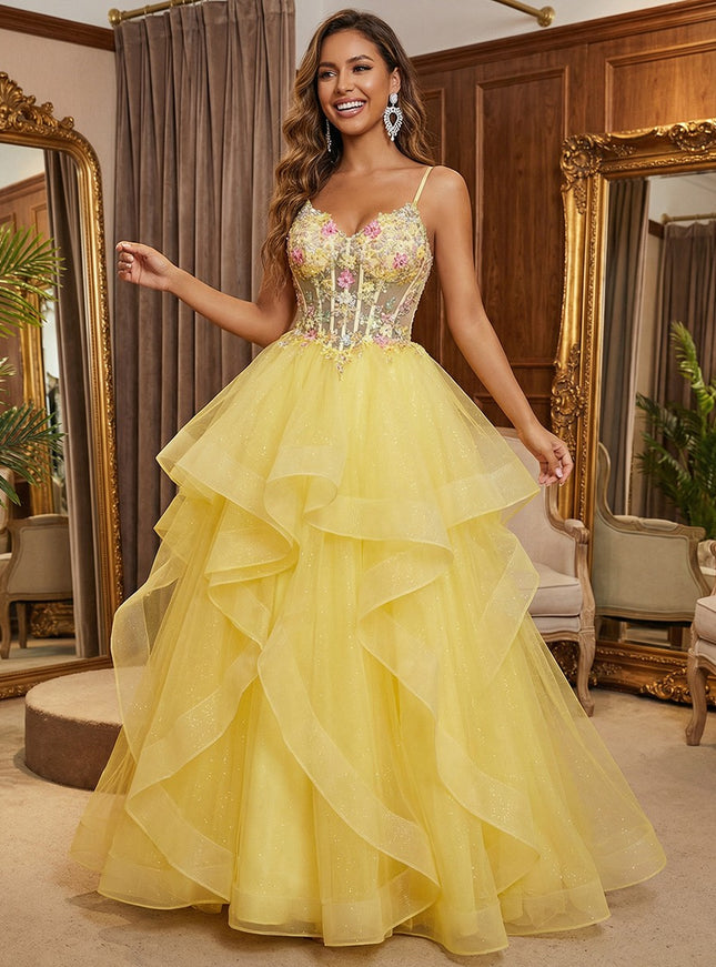 Spaghetti Straps V Neck Lace Appliques Tiered A Line Prom Dresses