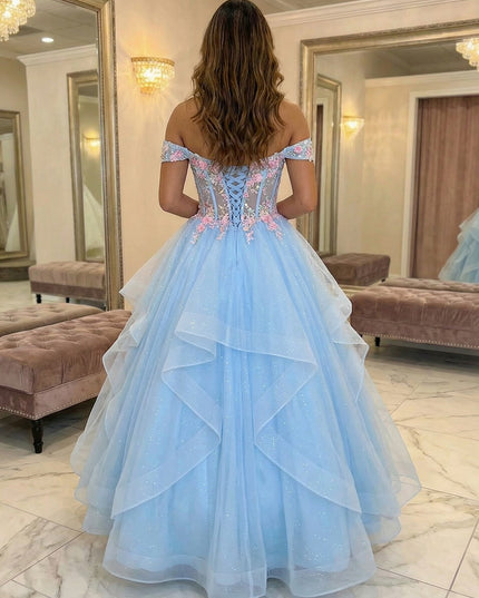 Off the Shoulder V Neck Lace Appliques Tiered A Line Prom Dresses