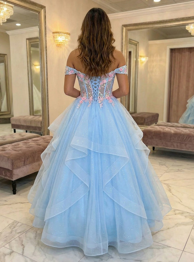 Off the Shoulder V Neck Lace Appliques Tiered A Line Prom Dresses
