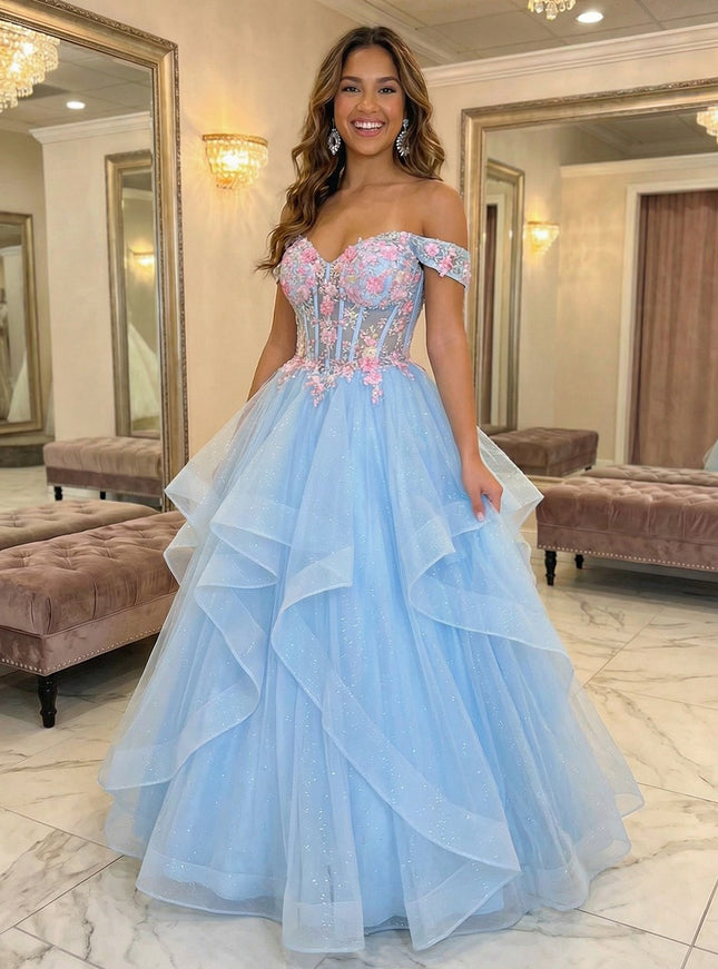 Off the Shoulder V Neck Lace Appliques Tiered A Line Prom Dresses